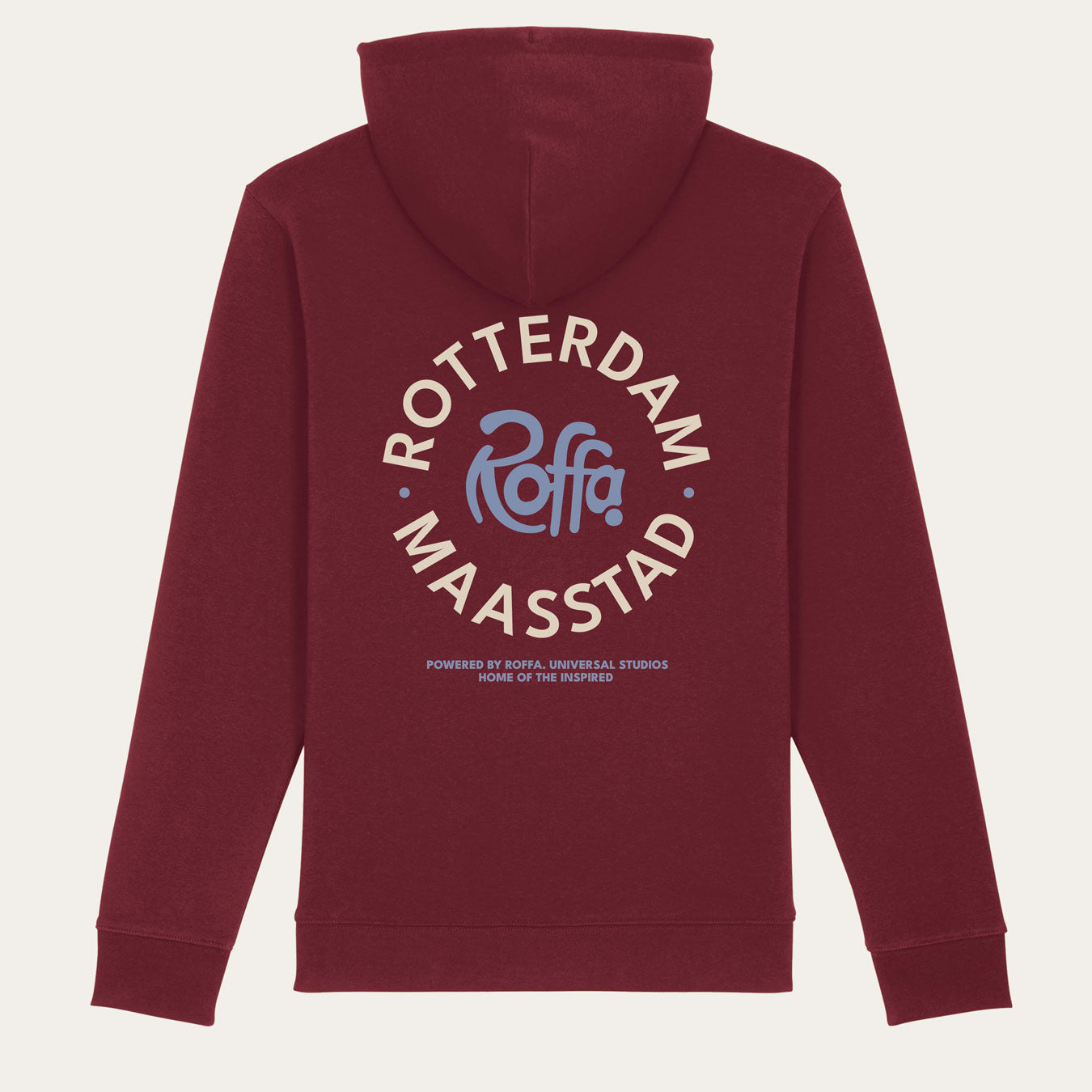Rode hoodie met een rond Roffa en rotterdam logo