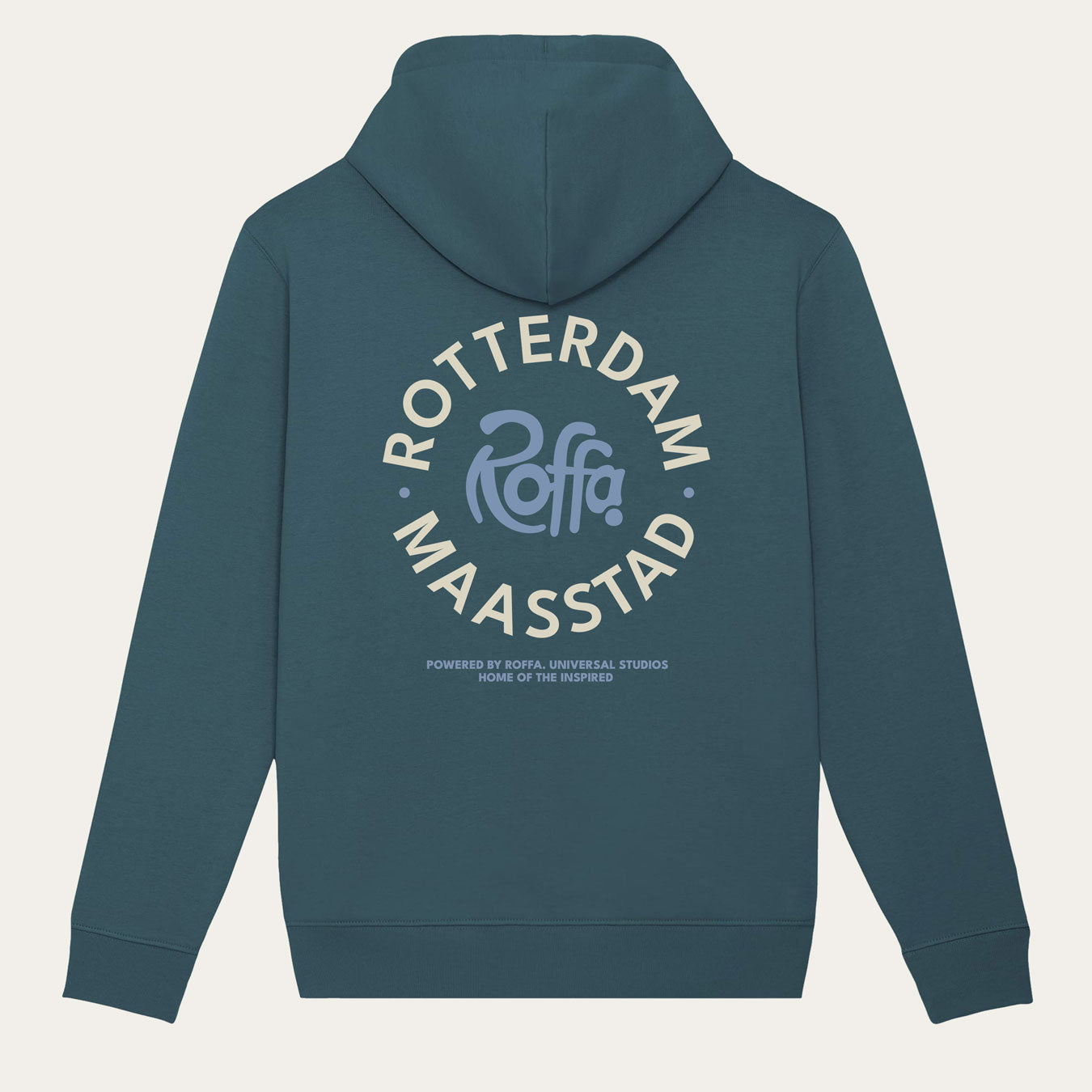 Petrol blauwe hoodie met een rond Roffa en rotterdam logo