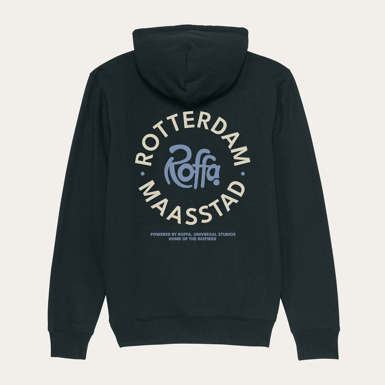 Zwarte hoodie met een rond Roffa en rotterdam logo